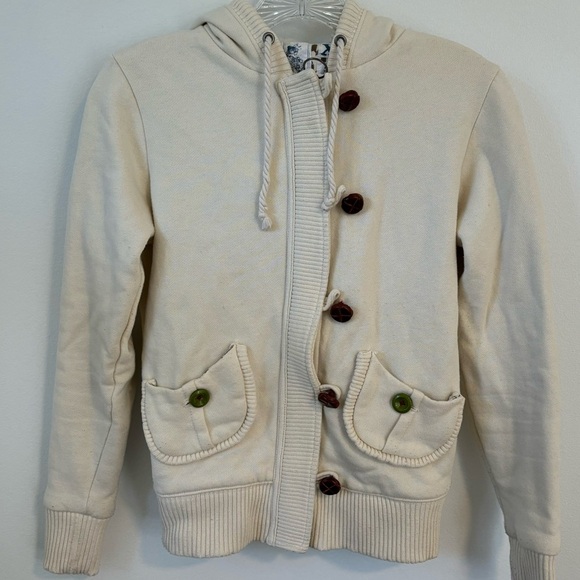 Beige off white zipper Button-Up Hoodie with Pockets - Picture 1 of 8